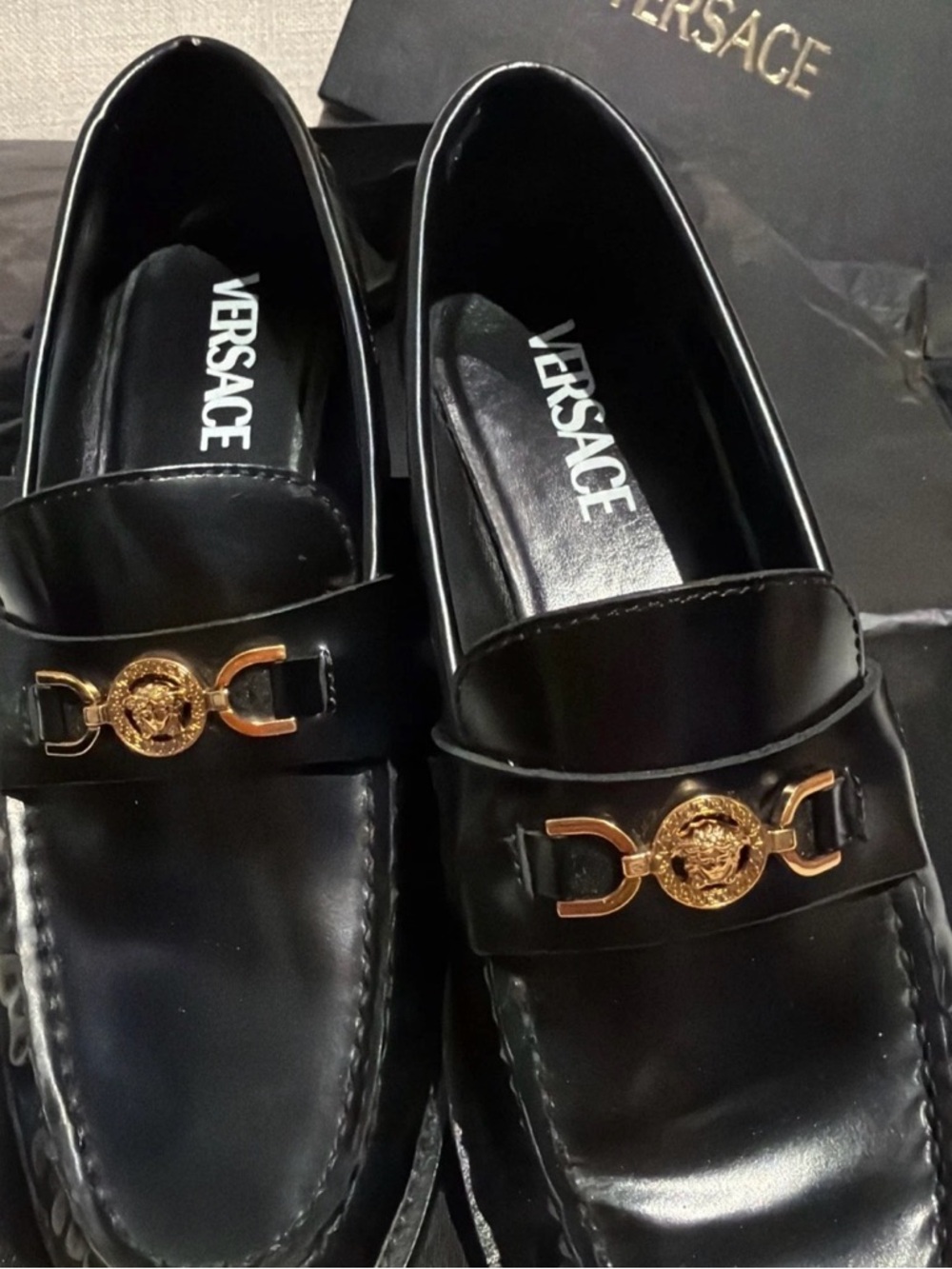 Versace Black Medusa Gold Emblem Loafers Size 38